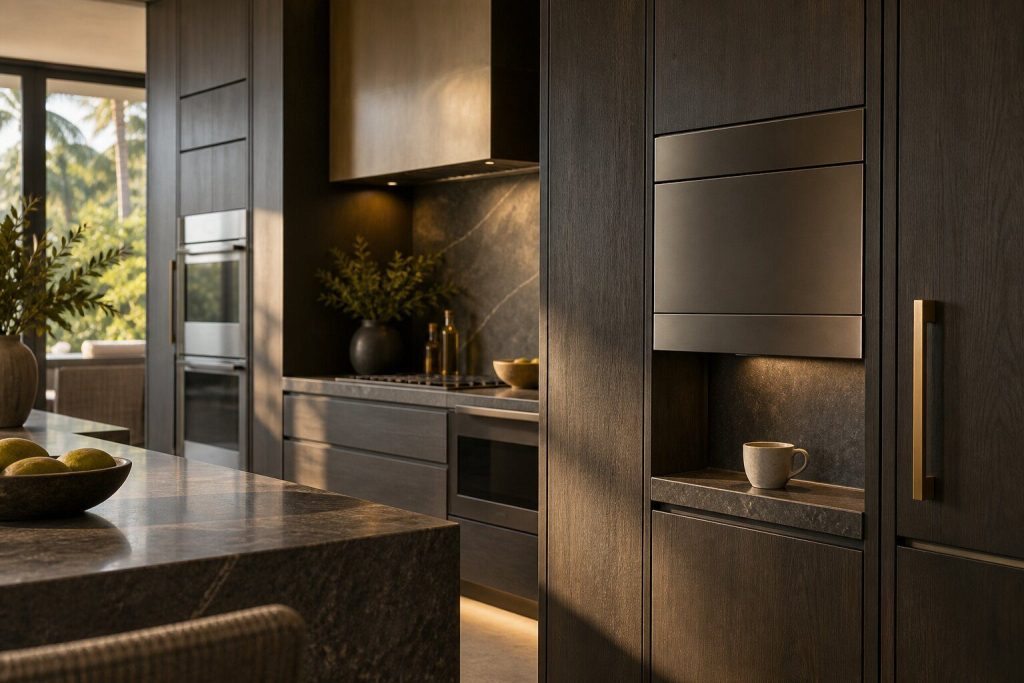 A 24-inch built-in coffee system set into a tall dark cabinet run at chest height, its front panel closed, a cup standing on the worktop below it.