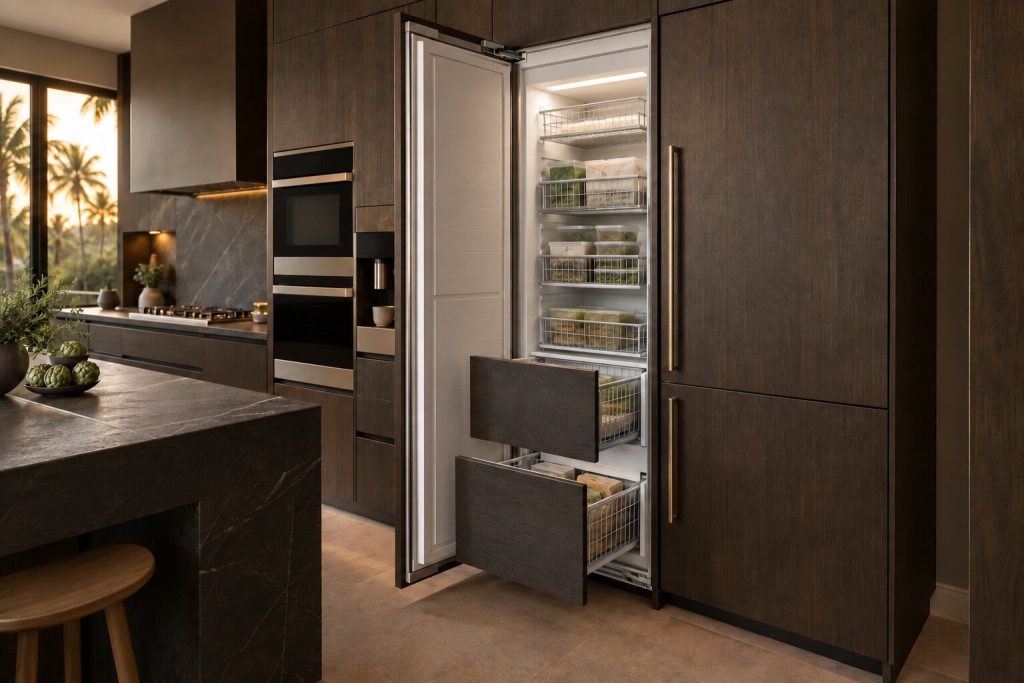 A tall panel-ready freezer column standing beside its refrigerator twin in a run of dark cabinetry, one door open to show wire baskets and two drawers drawn out, no frost anywhere.