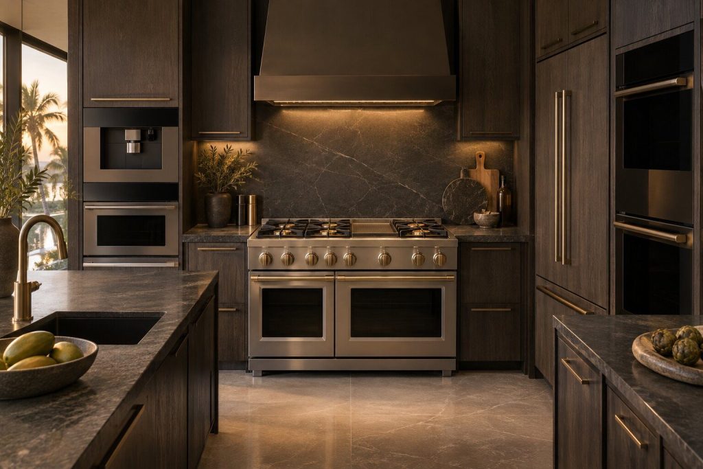 A 48-inch dual-fuel range in a dark fitted kitchen, six sealed brass burners and an integrated griddle across the top, heavy knobs along the front, seen square on.