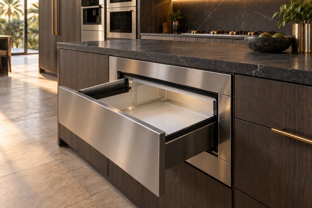 A stainless microwave drawer built into a run of dark oak cabinetry below a stone worktop, the drawer slid fully open to show an empty cavity, seen from slightly above.