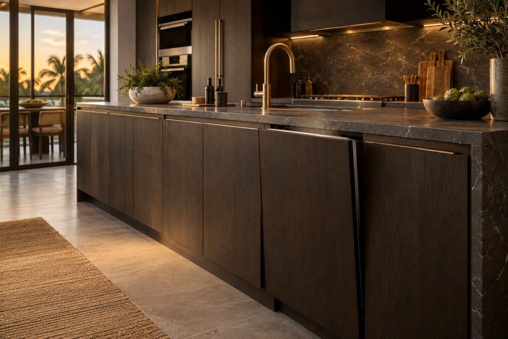 A panel-ready dishwasher in a dark cabinet run with its door released a few inches at the end of a cycle, steam just visible at the gap, the cabinet front matching the doors either side.