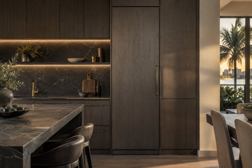 A panel-ready built-in refrigerator column faced with a dark oak cabinet front so it reads as tall joinery, standing in a fitted run, door closed, seen square on from a few feet back; the thin shadow gap and a recessed handle the only sign it is an appliance.
