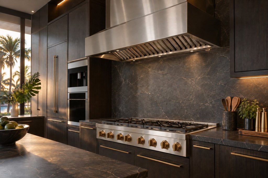 A stainless pro-canopy wall hood above an empty cooking surface in a dark kitchen, its angled baffle filters visible from below, the canopy body deep and square.