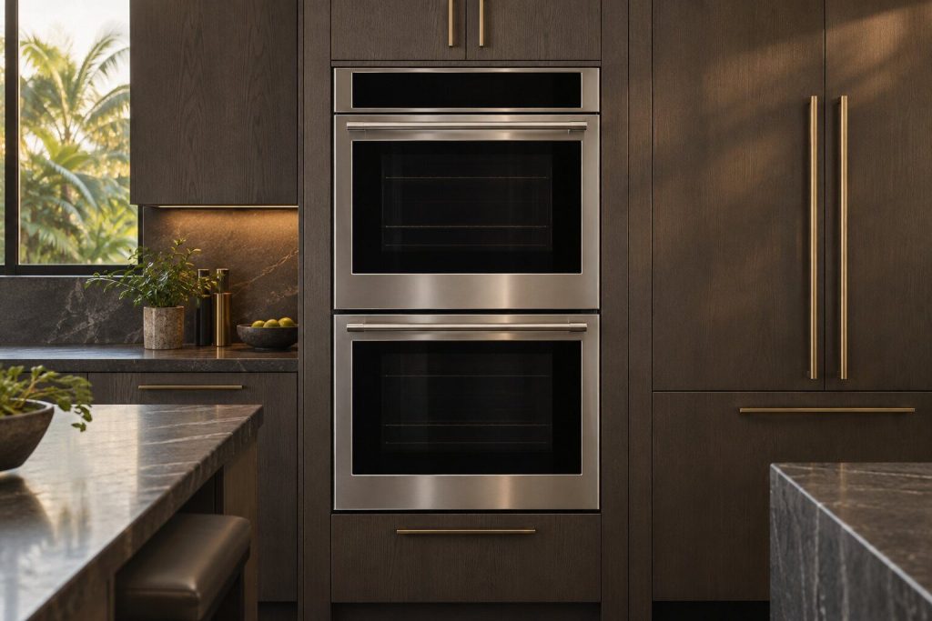 A 30-inch double wall oven set into a tall dark cabinet, both doors closed, its stainless frame flush with the joinery, seen square on from a few feet back.