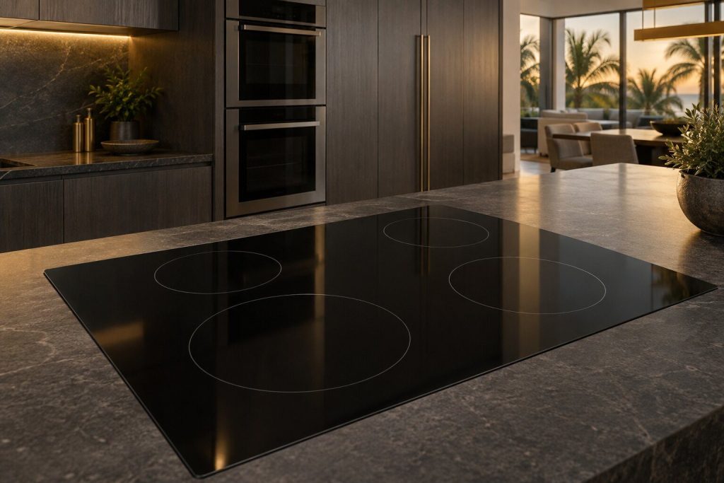 A frameless black glass induction cooktop set flush into honed dark stone, four zones printed on the surface, nothing on it, seen from slightly above.