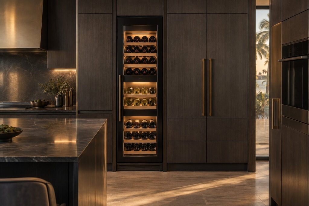 A full-height wine column with an argon-filled glass door, three lit zones of bottles on oak glide-out racks, seen square on in a dark fitted run.