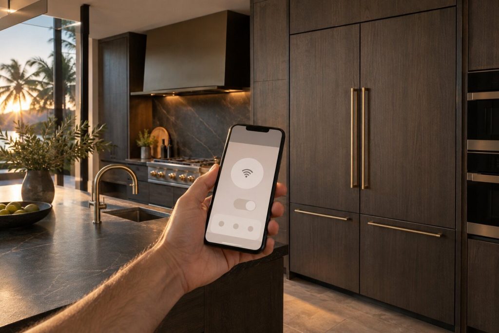 A phone held in front of a panel-ready refrigeration column showing a connection screen too small to read.