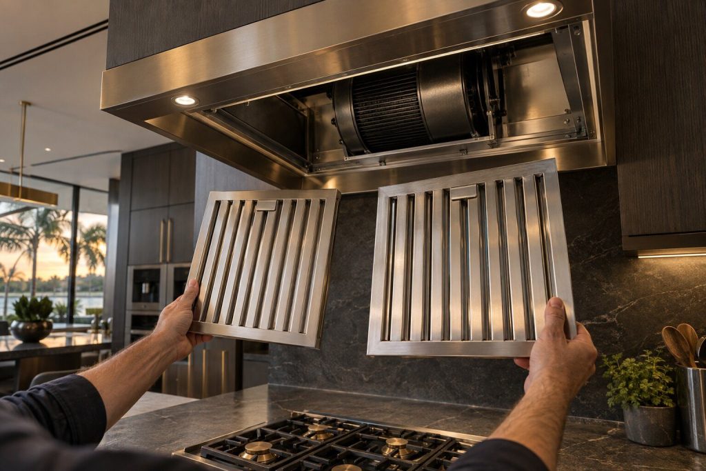Two stainless baffle filters lifted down out of a canopy hood and held up, the blower housing visible in the hood above.