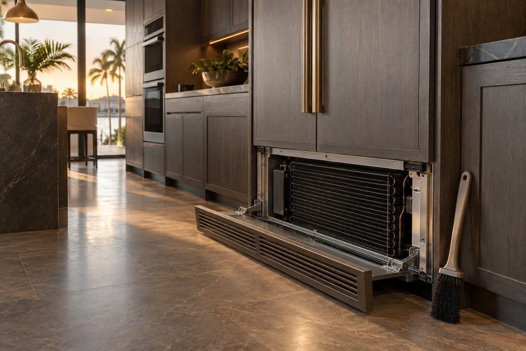 The base grille of a tall refrigeration column swung open to show the condenser behind it, a soft brush resting against the cabinet.