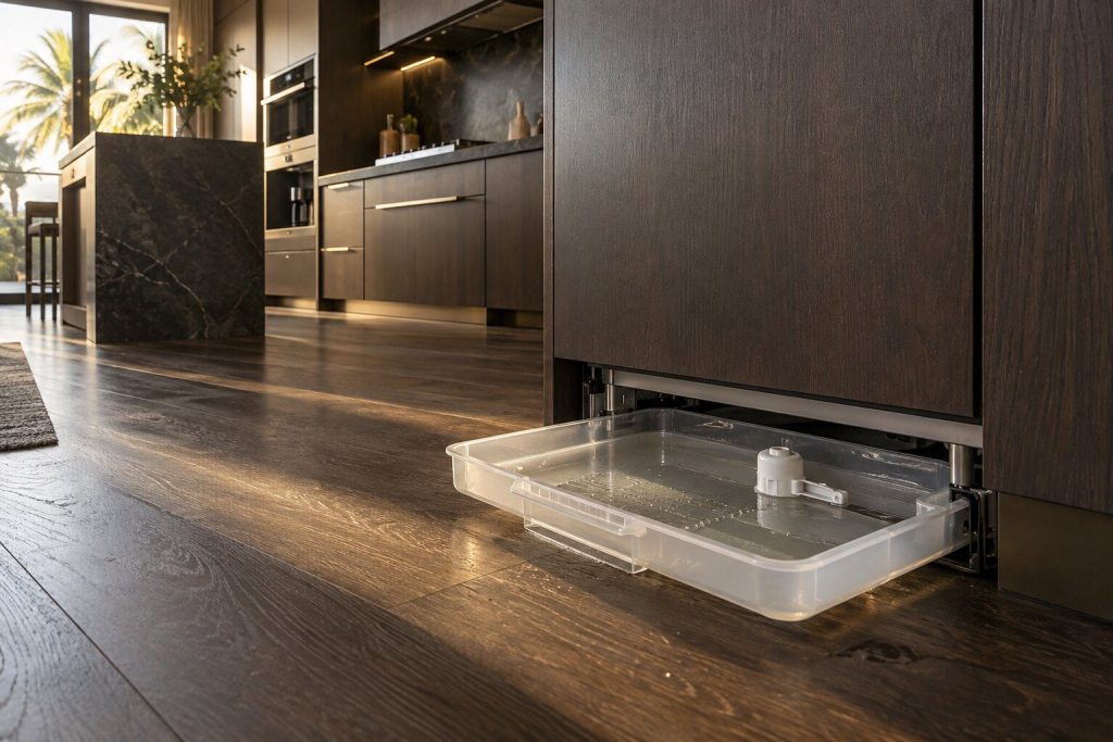 A shallow base tray drawn out from under a panel-ready dishwasher with a float in it and a few centimeters of water.