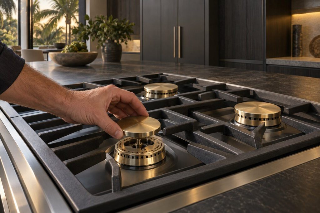 A cleaned brass burner cap being set back onto its crown on a rangetop, three more brass burners beside it.
