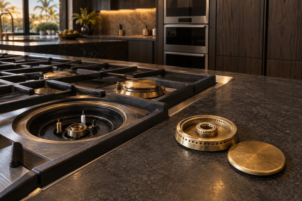 A brass burner cap and head lifted off and set beside the burner well on a rangetop, the small inner ring of ports visible in the head.