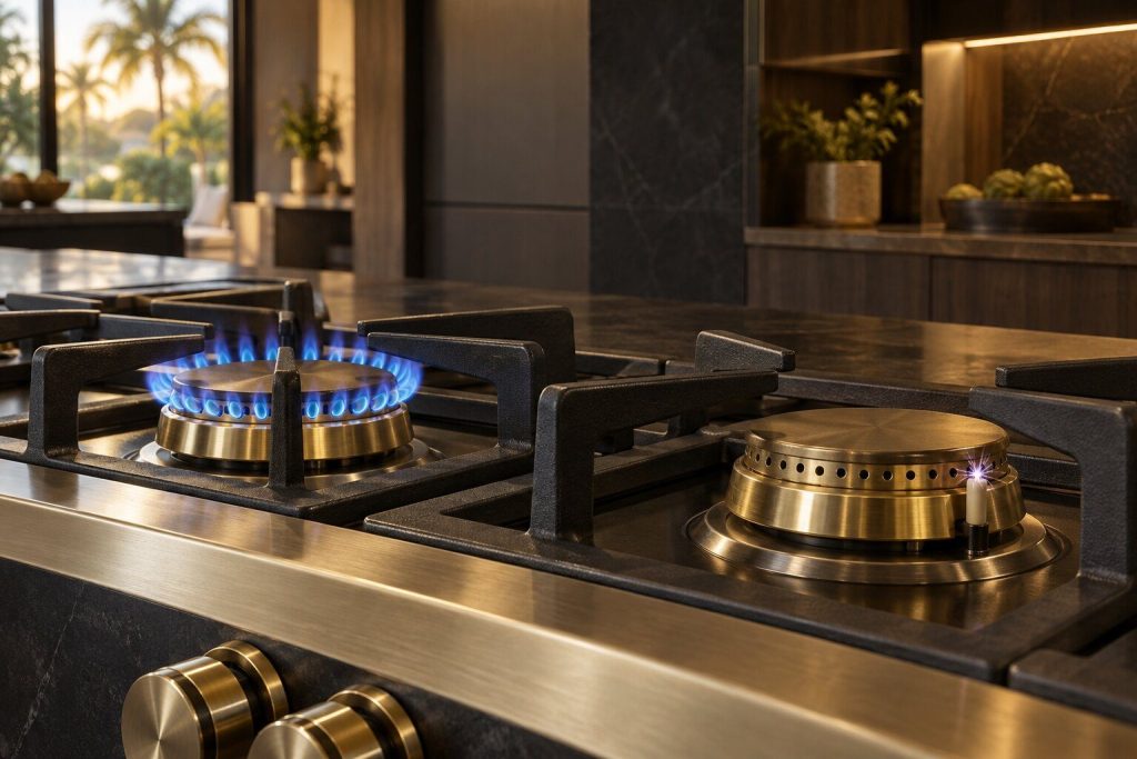 Two brass burners side by side on a rangetop, one with a steady blue flame and one unlit with its igniter sparking.