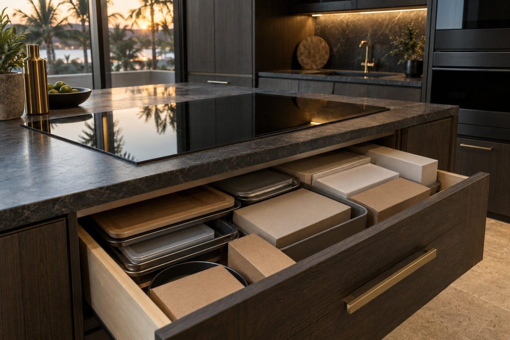 An open cabinet drawer directly beneath an induction cooktop, packed to the underside with trays and boxes.