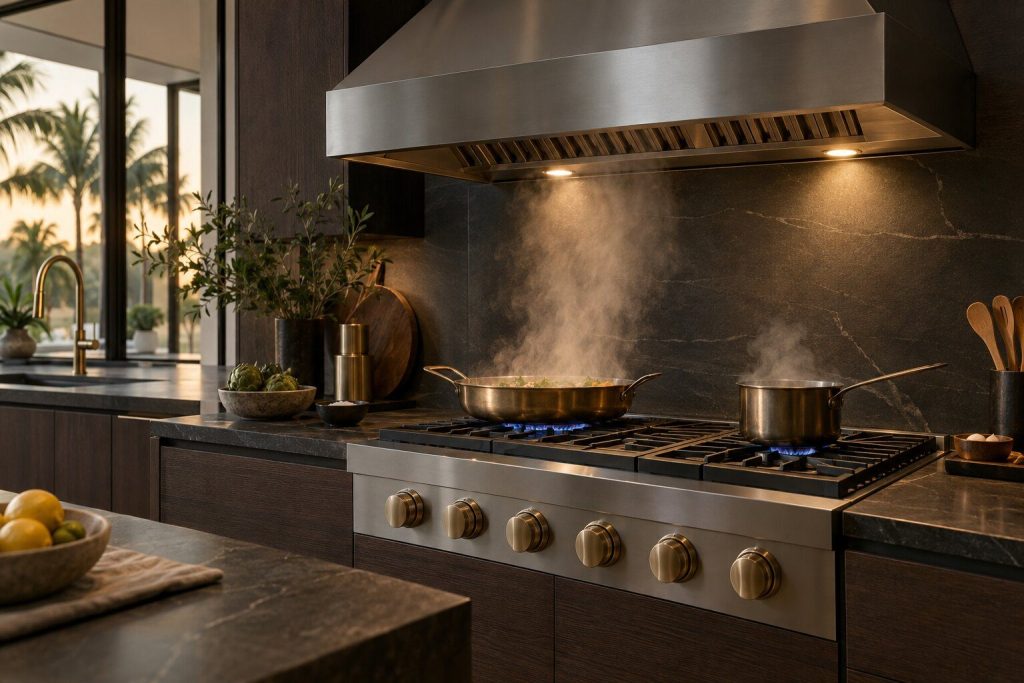 A stainless canopy hood running above a rangetop with two burners lit under a pan, steam drawn up into it.