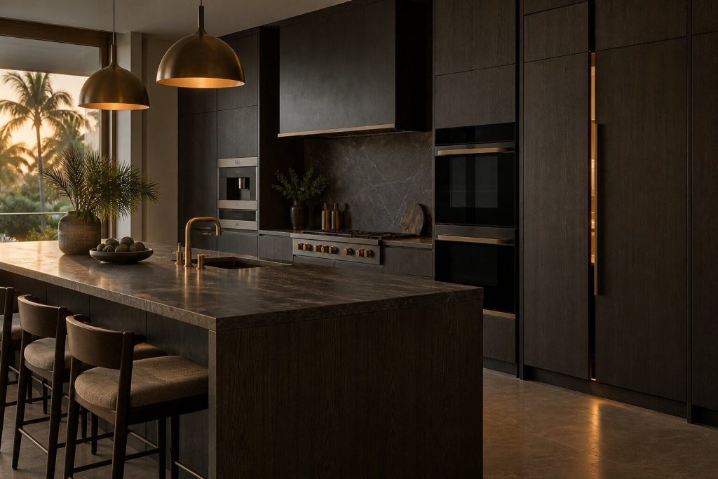 A dark fitted kitchen shuttered and empty in high summer, one appliance light showing through the shadow gap of a column.