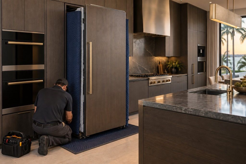A tall panel-ready column eased forward out of its trim onto a protective mat, the joinery either side covered.