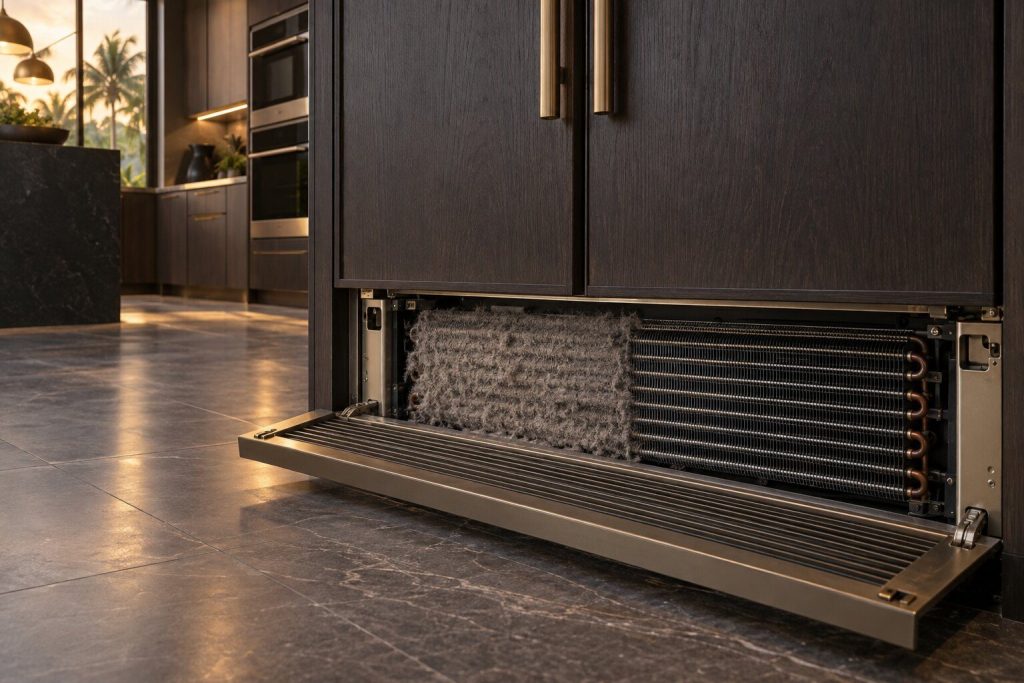 A condenser coil behind an opened base grille, half of it clogged grey with dust and the other half brushed clean.