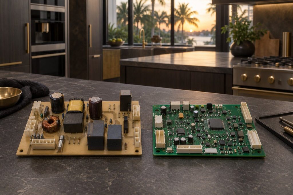 Two appliance control boards of different ages lying side by side on a bench mat, their layouts plainly unalike.