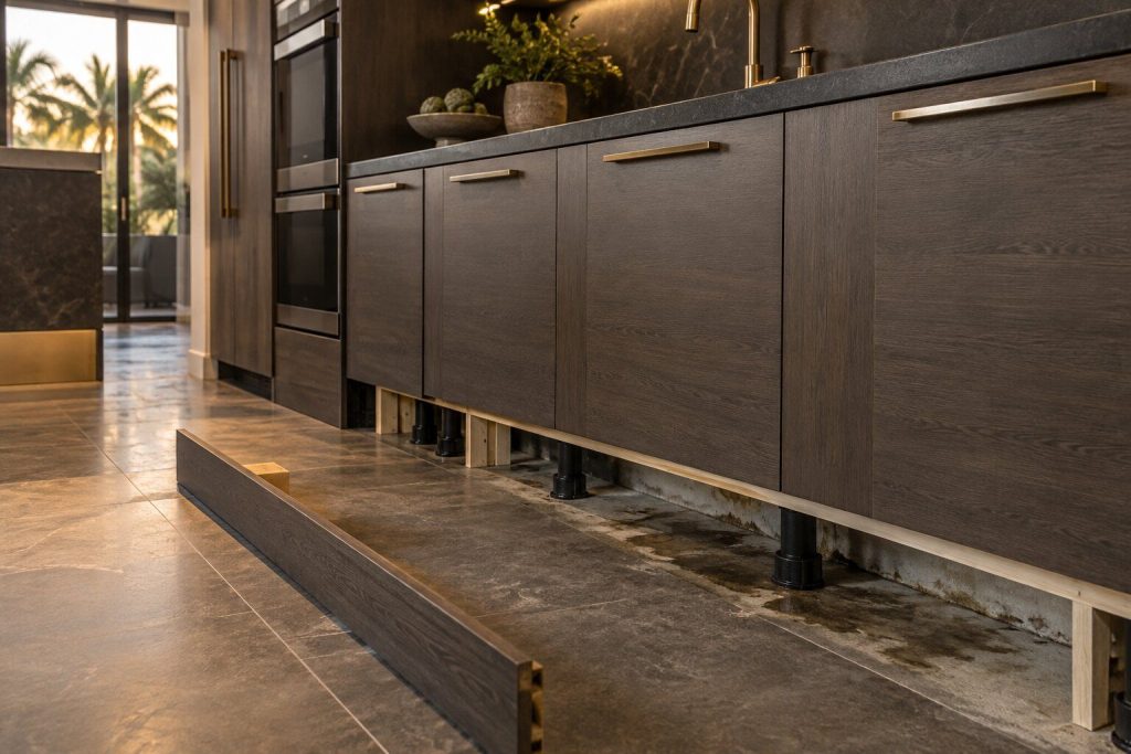 The kickboard removed from a run of fitted cabinetry to show a darkened damp patch on the substrate beneath.