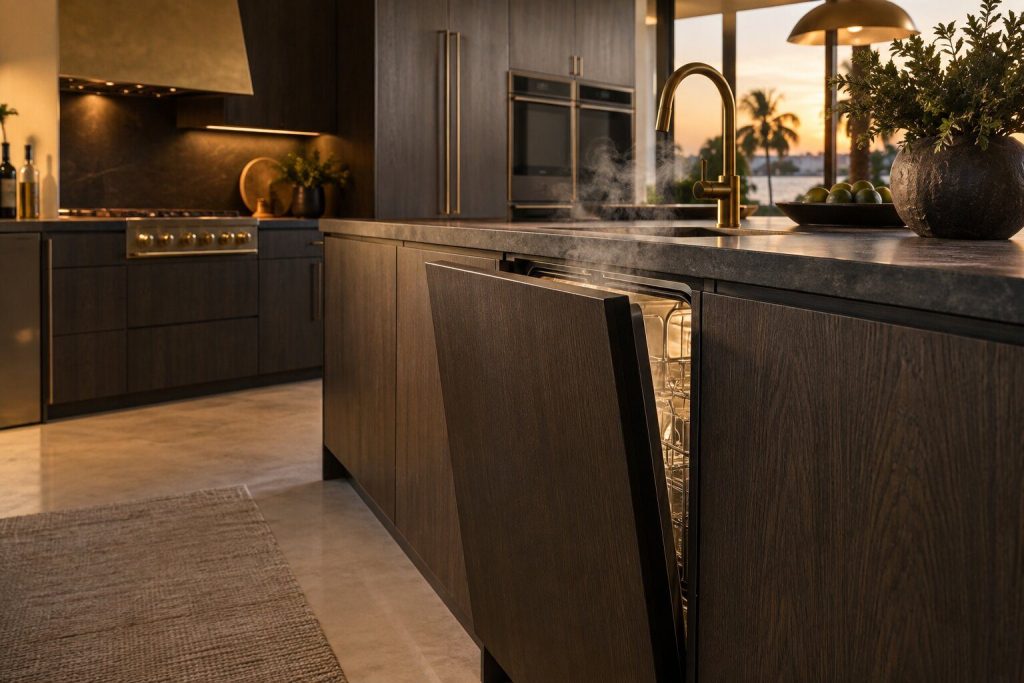 A panel-ready dishwasher door released a hand-width open at the end of a cycle, steam curling from the gap.