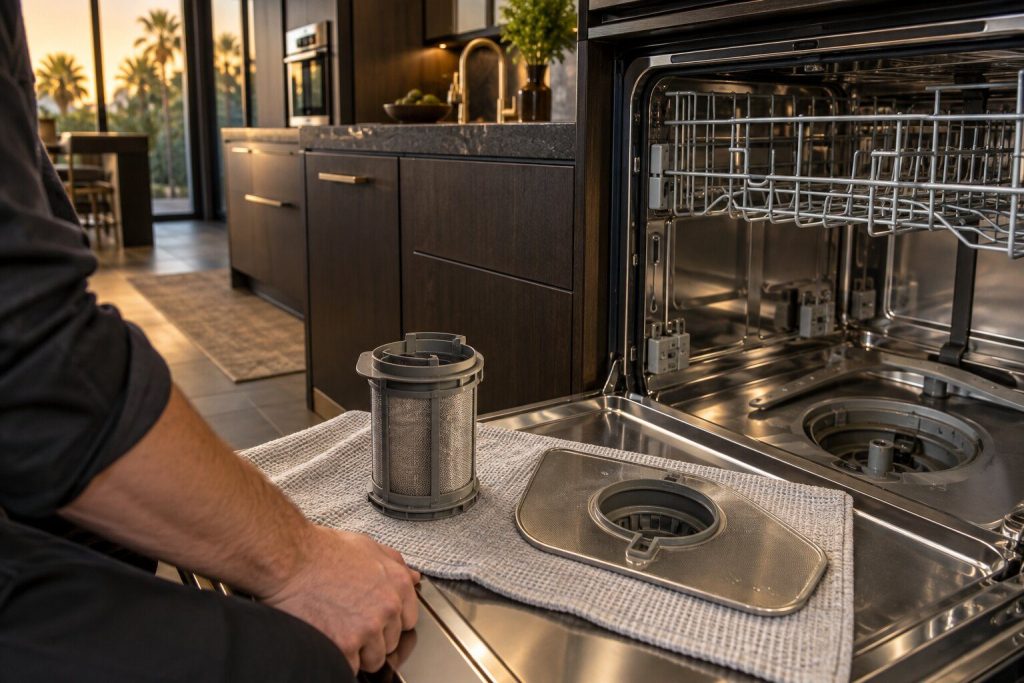 A cylindrical dishwasher filter and the flat trap beside it lifted out and standing on a cloth, the empty sump well visible in the tub.