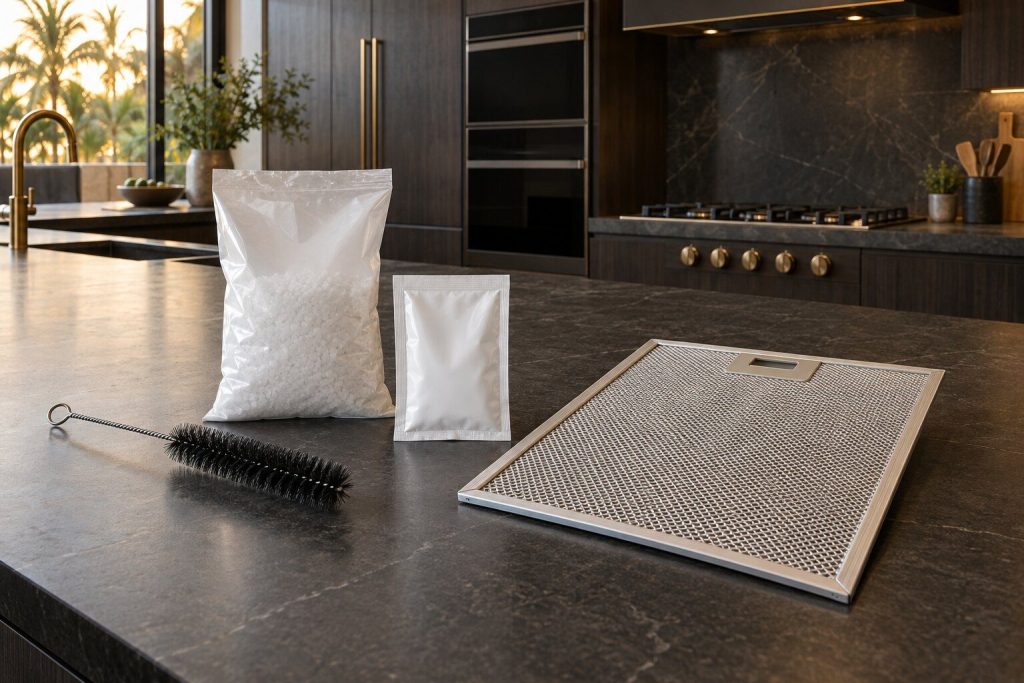 A coil brush, a pack of dishwasher salt, a descaling sachet and a hood filter laid out together on a dark stone worktop.