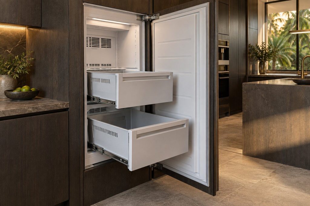A tall freezer column with both drawers drawn fully out on their runners, the interior vents visible at the back.
