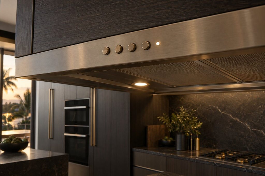 The control strip under a canopy hood photographed close: four plain buttons and a lamp, and no display at all.