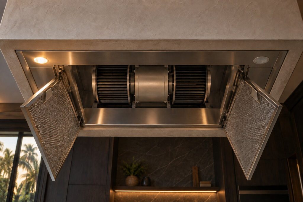 A hood liner inside a plaster canopy seen from directly below with its filters hinged down and the blower visible.