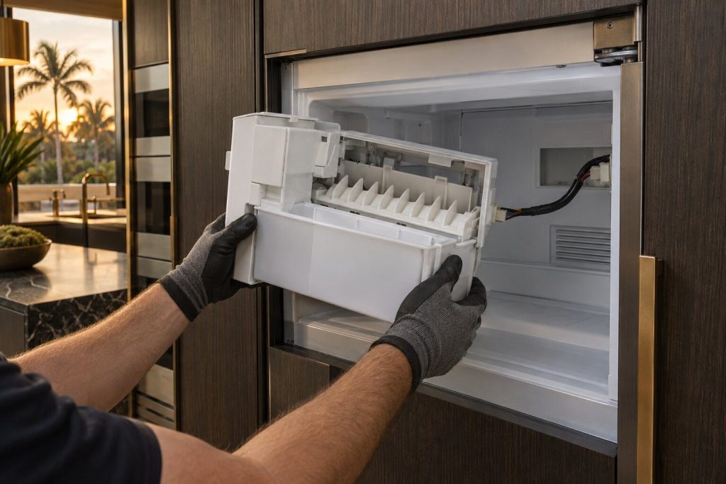 An ice maker module drawn out of a freezer column on gloved hands with its wiring loom still attached.
