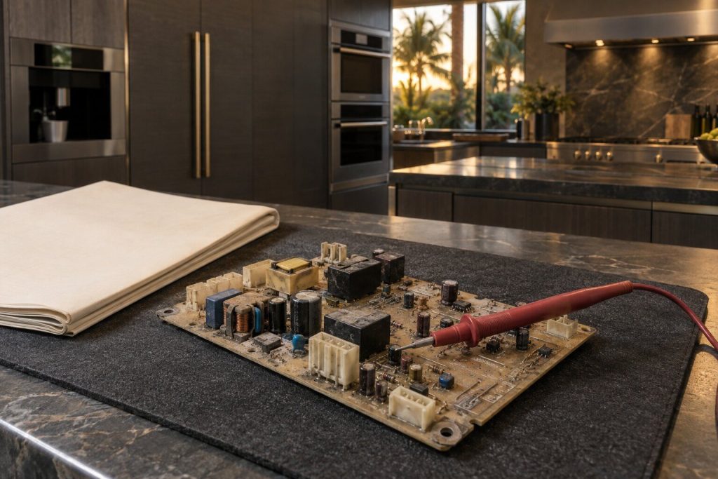 An older appliance control board lying on a bench mat beside a folded service manual, a meter probe resting on it.
