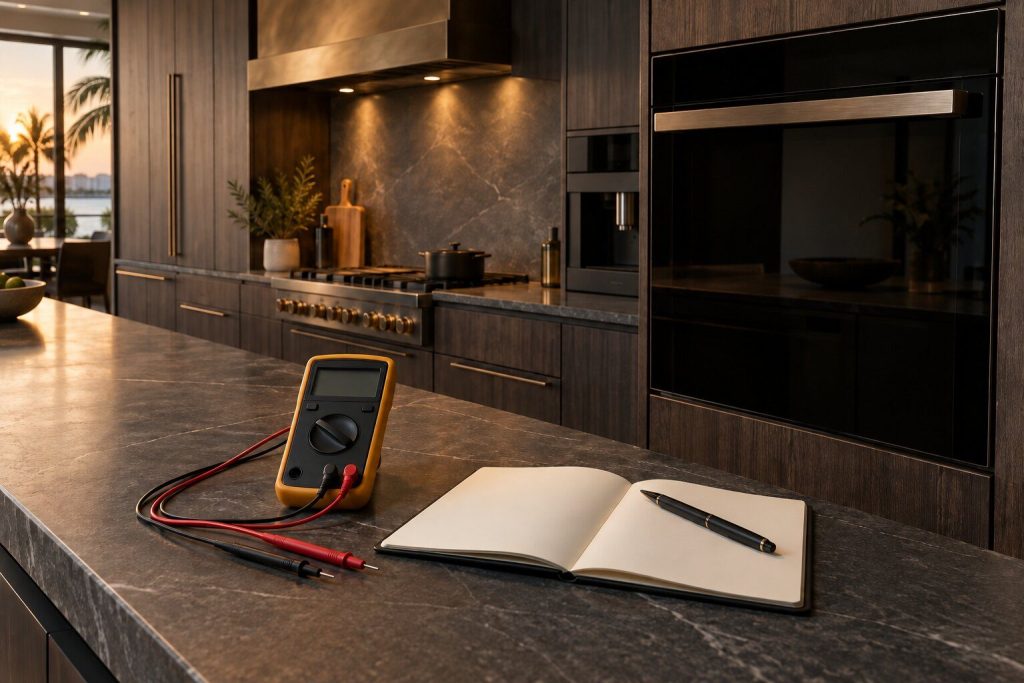 A multimeter and an open notebook with a pen on a dark stone counter beside a built-in appliance whose panel is dark.