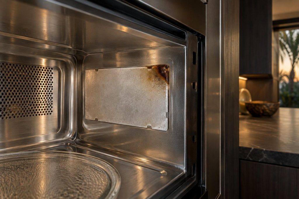 The side wall inside a microwave cavity with the thin mica cover in place, one corner of it scorched brown.