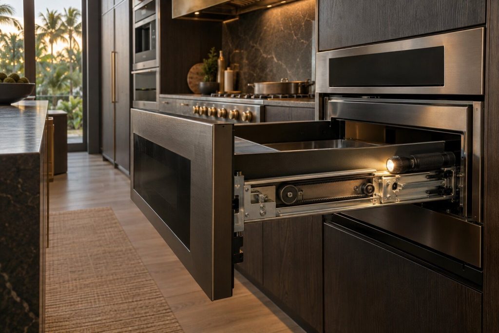 A microwave drawer pulled past its normal travel to expose the rail and drive belt along one side, a torch on the runner.