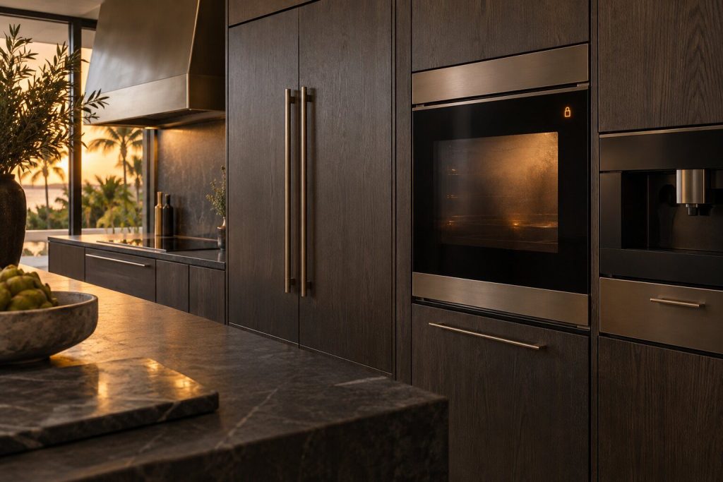 A wall oven door closed with the lock indicator lit beside it, the cavity glass dark and hazy with heat.
