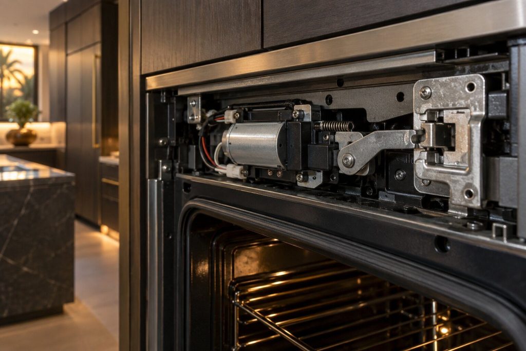 The motorized door latch exposed under the removed top trim of an oven frame, its arm half across the keeper.