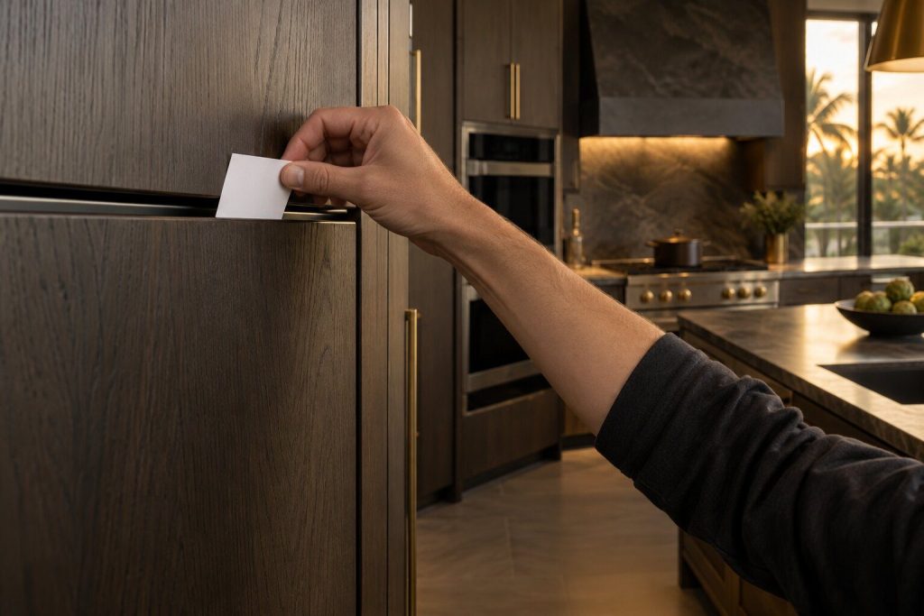 A slip of paper held closed in the top edge of a panel-ready refrigerator door, a hand drawing it out.
