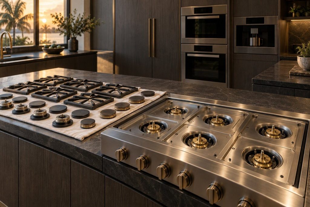 A rangetop with every grate, cap and head lifted off and laid out in order on a folded cloth beside it.
