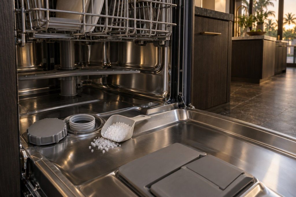 The softener chamber cap unscrewed in the base of an open dishwasher, a measure of salt in a scoop beside it.