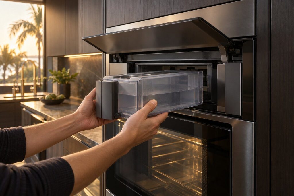 A steam oven water reservoir drawn out of its housing behind the control panel and held in two hands.