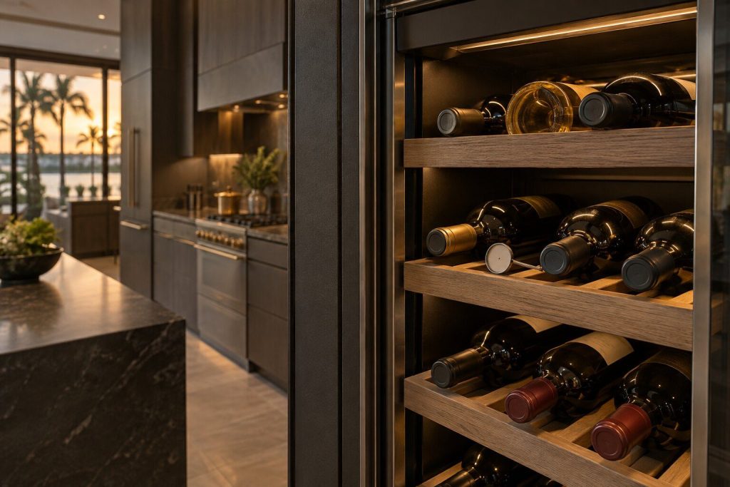 A slim thermometer resting among bottles on an oak rack in one zone of an open wine column.
