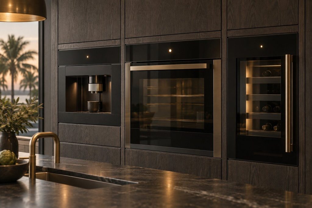 Three appliance control surfaces photographed side by side, each showing a short lit indication too small to read.