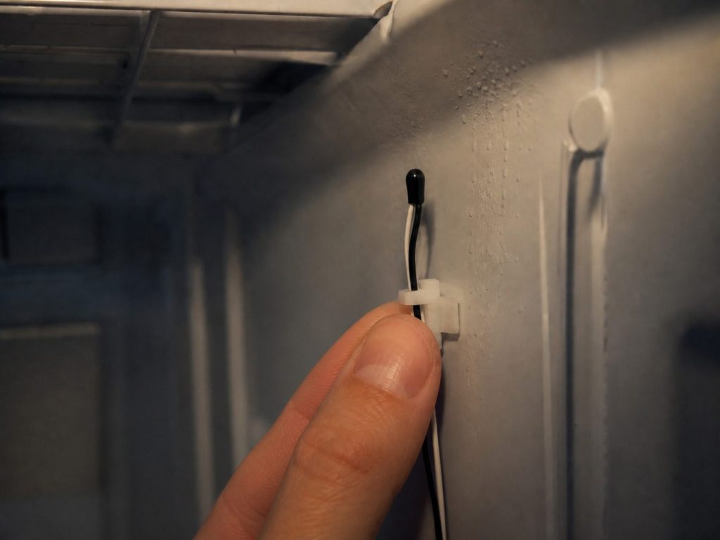A small thermistor on a two-wire lead being clipped to the liner inside a cold compartment.