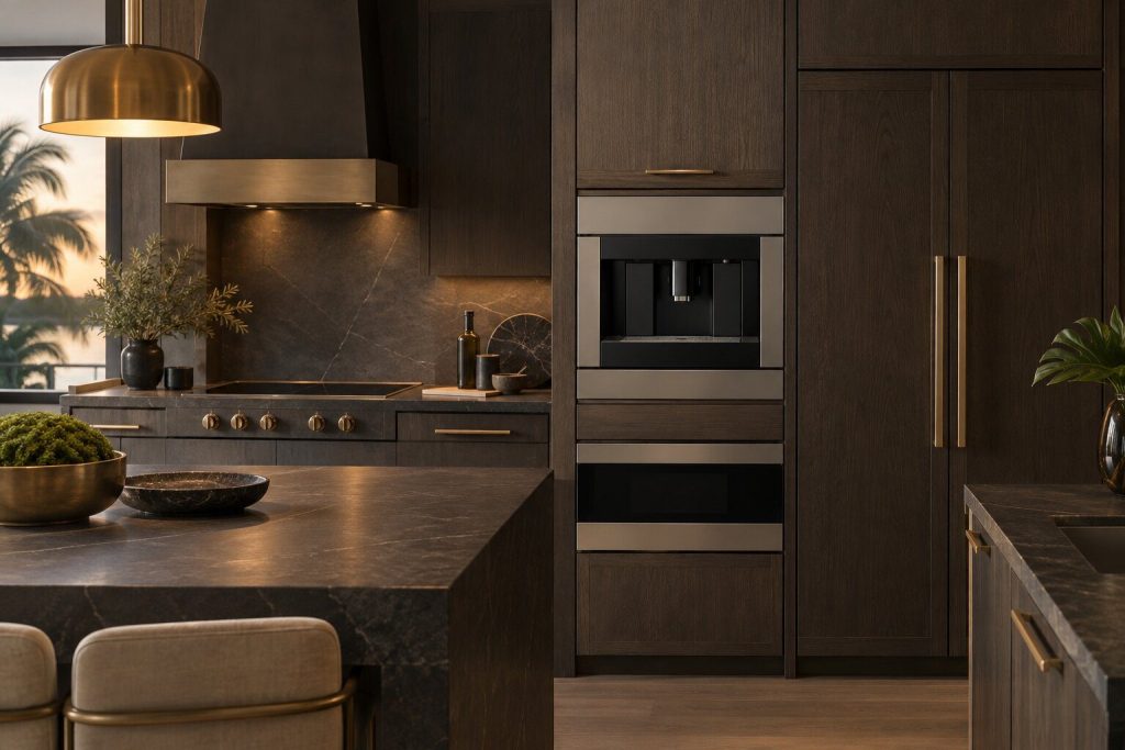A 24-inch built-in coffee system, plumbed standing in a run of dark fitted cabinetry in a kitchen, in warm low light.