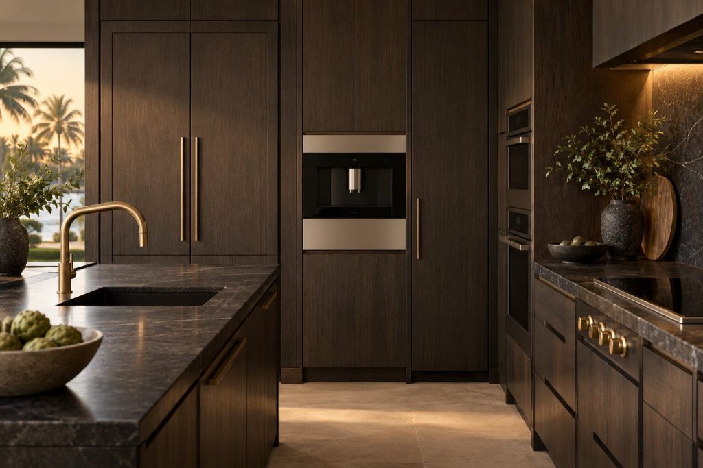 A 24-inch built-in coffee system, tank-fed standing in a run of dark fitted cabinetry in a kitchen, in warm low light.