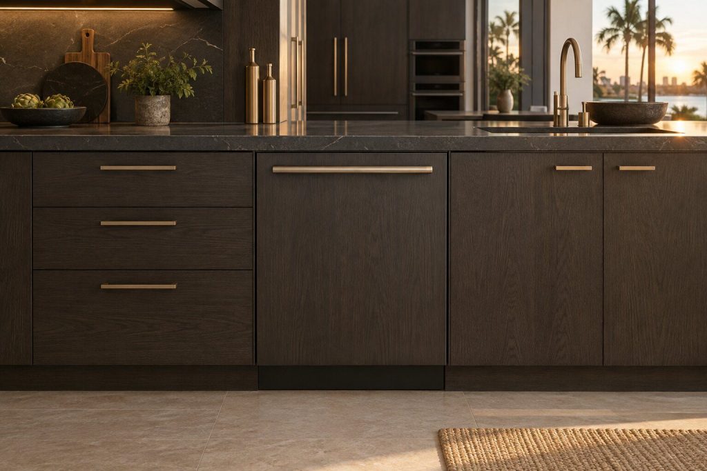 A 24-inch panel-ready dishwasher standing in a run of dark fitted cabinetry in a kitchen, in warm low light.