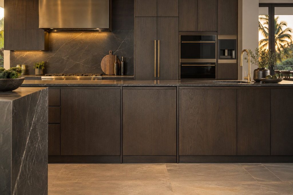 A 24-inch panel-ready dishwasher standing in a run of dark fitted cabinetry in a kitchen, in warm low light.