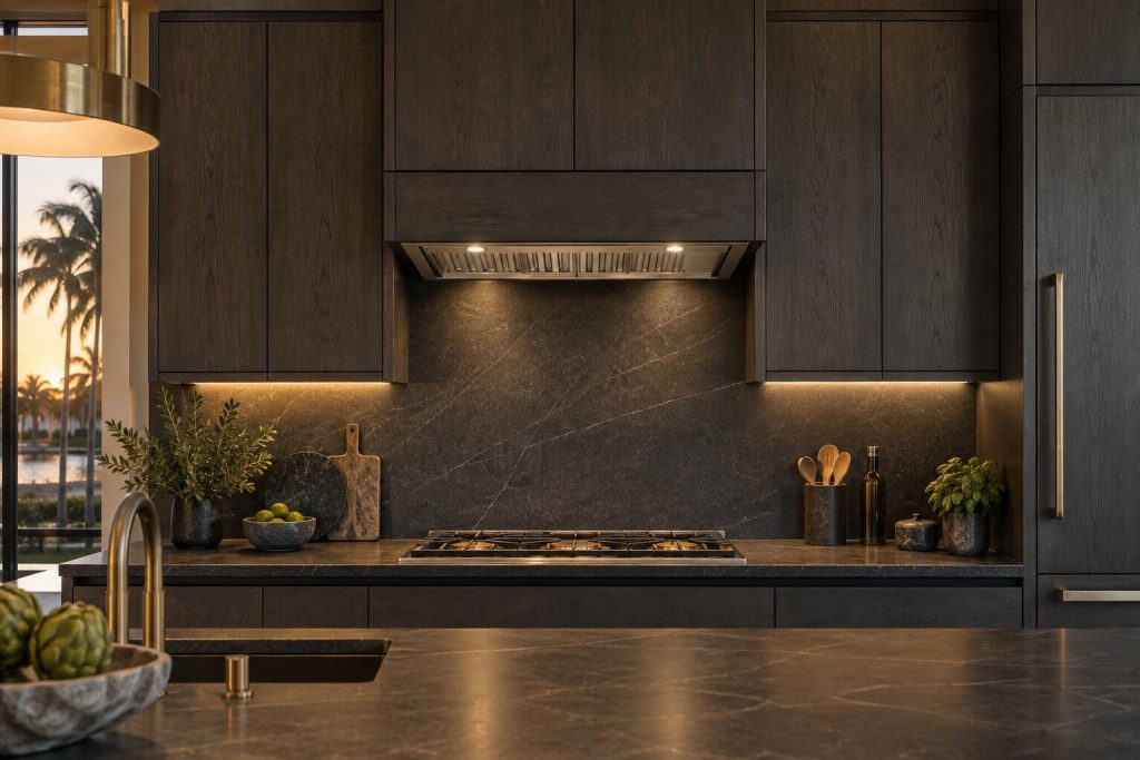 A 30-inch hood liner insert standing in a run of dark fitted cabinetry in a kitchen, in warm low light.