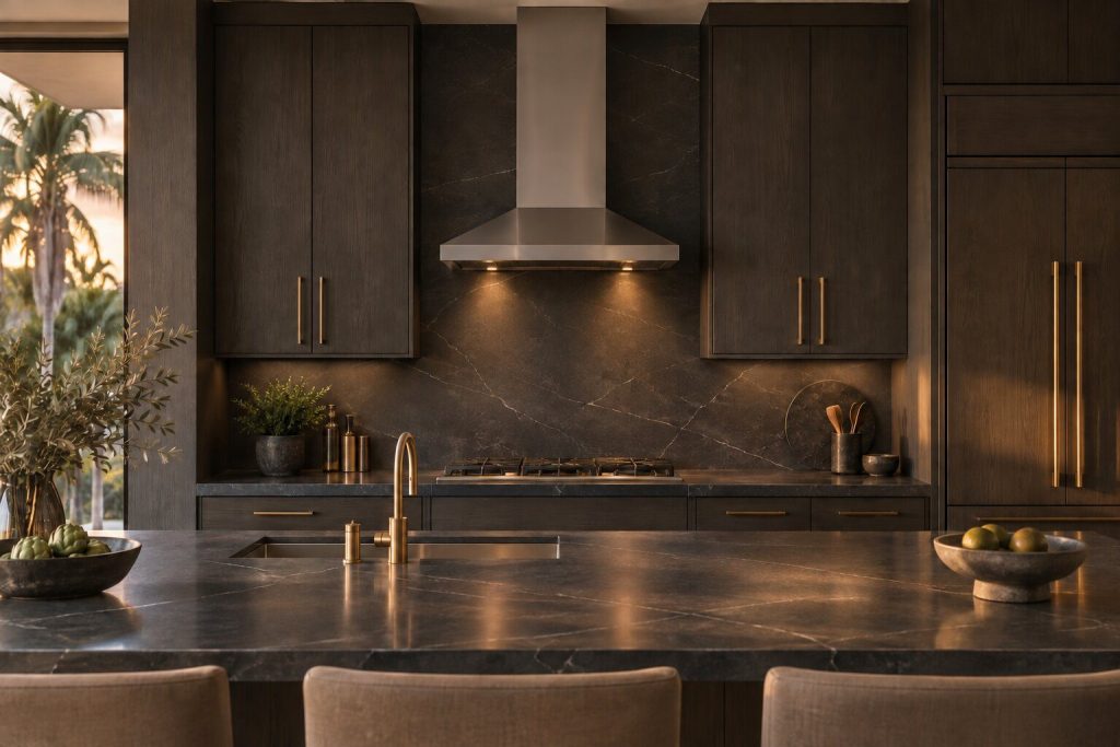 A 30-inch chimney wall hood standing in a run of dark fitted cabinetry in a kitchen, in warm low light.